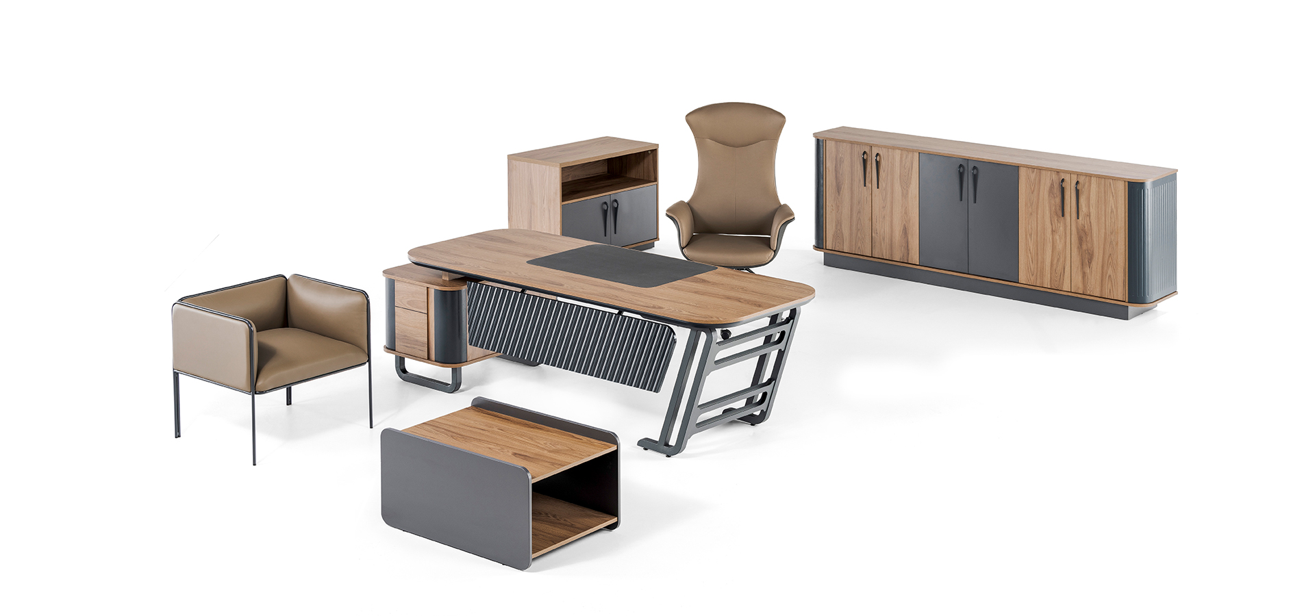 Coordinated executive desk, storage, coffee table and visitor chair collection