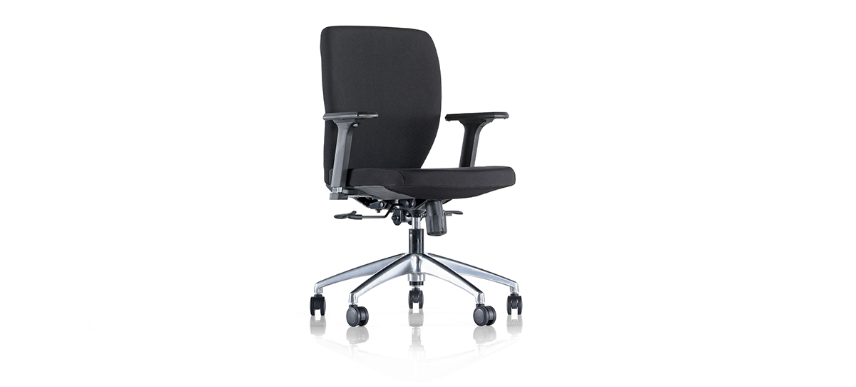 Ergonomic black task chair with adjustable arms and wheeled base