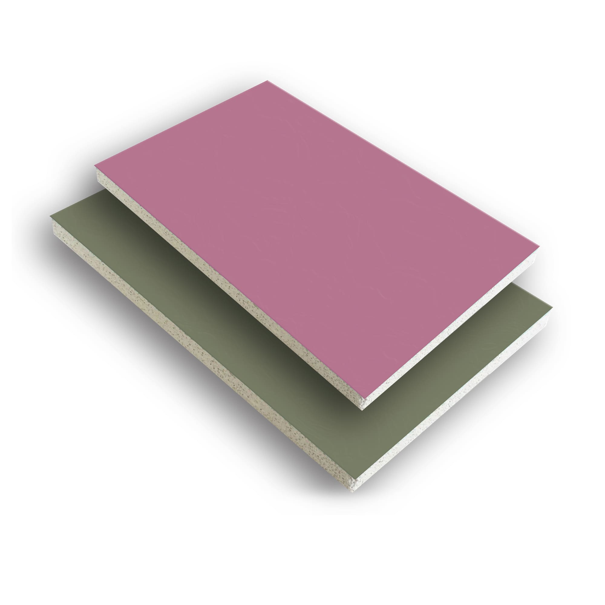 Unbranded red-faced and green-faced gypsum boards representing combined fire and water resistance