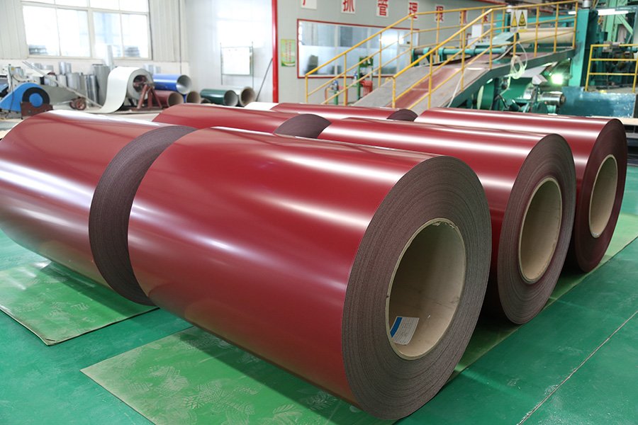 Red prepainted steel coils on a coating line