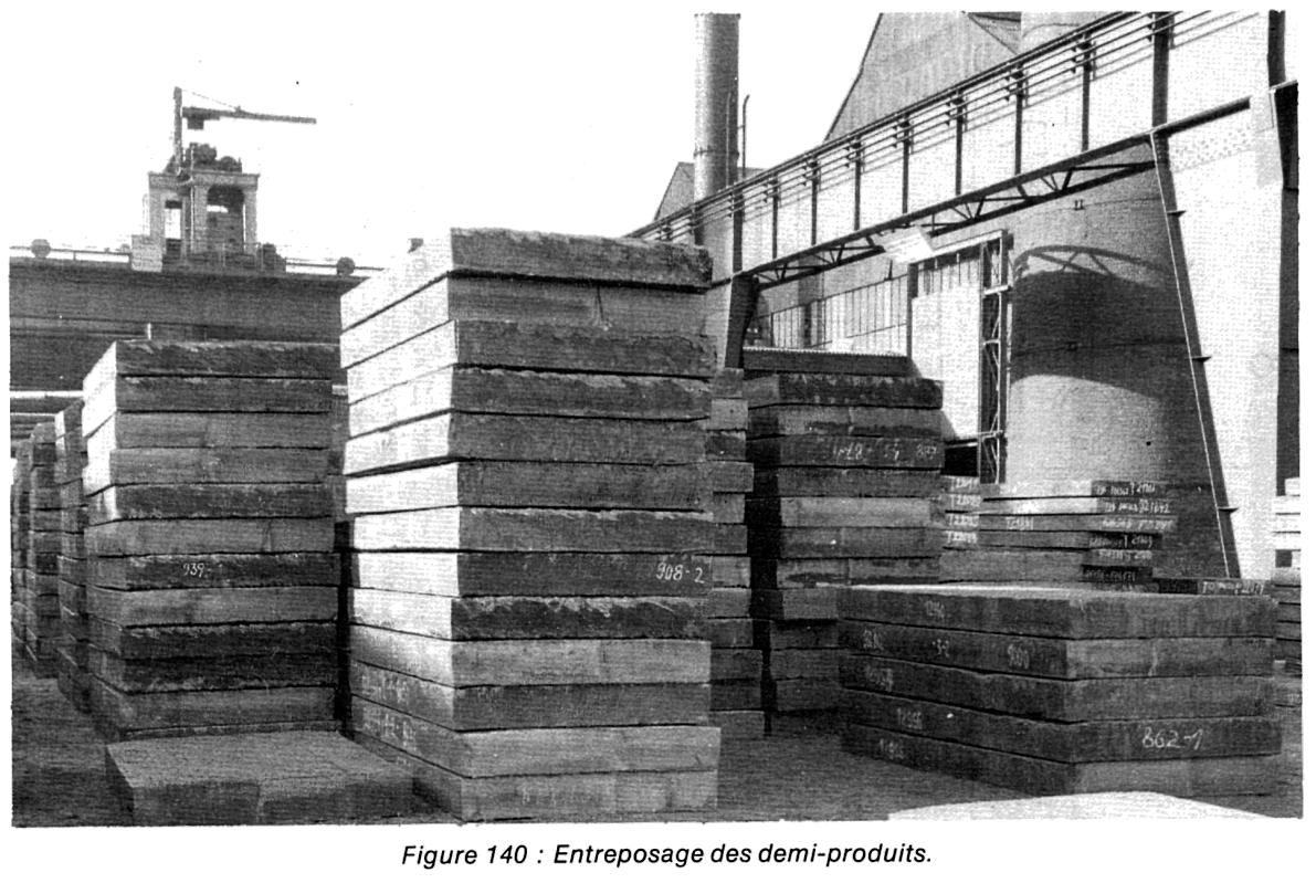 Wide rectangular semi-finished steel slabs stacked at a steelworks